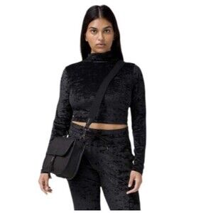 Lululemon All Aligned Mock Neck Top 10 Black Crushed Velvet Velour Crop Shirt
